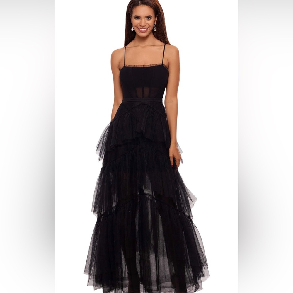 NEW Betsy & Adam Black Tiered Ruffle Gown - size 10